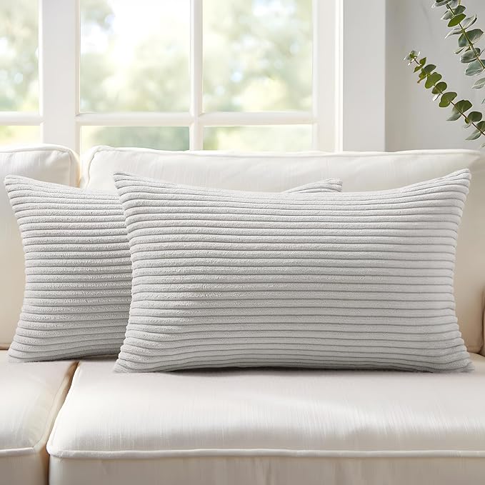 Mecatny Corduroy Decorative Throw Pillow Covers 12x20 Set of 2 for Sofa Living Room, Soft Neutral Boho Couch Pillow Covers for Home Decor, Grey