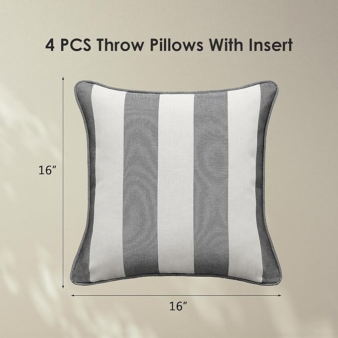 Decorative Outdoor Water Repellent Throw Pillows with Inserts, Set of 4, 16" x16" Pillows for Patio, Backyard, Bed, Couch, and Patio Furniture, Gray Stripe