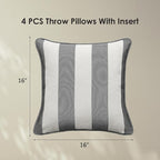 Decorative Outdoor Water Repellent Throw Pillows with Inserts, Set of 4, 16" x16" Pillows for Patio, Backyard, Bed, Couch, and Patio Furniture, Gray Stripe