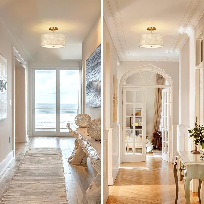 13" Semi Flush Mount Ceiling Light Fixture, Modern Drum Ceiling Light with Textured Linen Fabric Shade and Gold Base, 3-Light Farmhouse Lighting for Bedroom, Kitchen, Entryway, Living Room