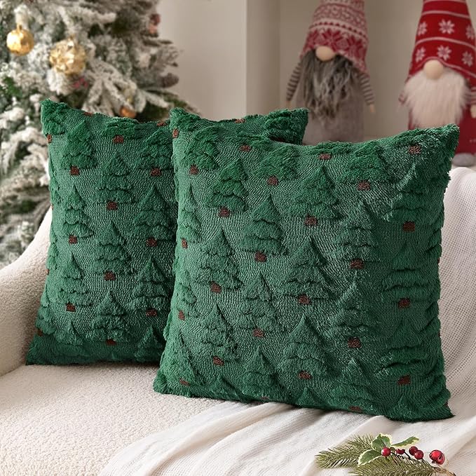 MIULEE Christmas Tree Decorative Pillow Covers Faux Fur Wool Throw Pillows Soft Plush Cushion Covers Set of 2 Xmas Home Decor Winter Holiday for Sofa Couch Livingroom Bed 18x18 Inch Dark Green