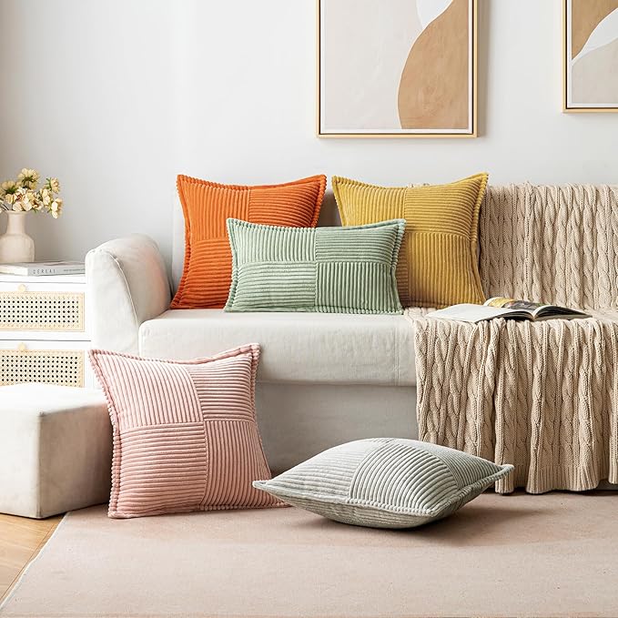 MIULEE Decorative Throw Pillow Covers for Couch Bed Livingroom 16x16 Inch Set of 2 Gold Boho Accent Throw Pllows Broadside Striped Patchwork Soft Corduroy Summer Pillowcases