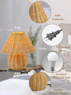 Mini Boho Lamp Rattan Lamps,3 Colors Modes Vintage Wicker Light,Small Table Lights for Bedroom Living Room Home Office Art Decor,7W E26 Bulb Included