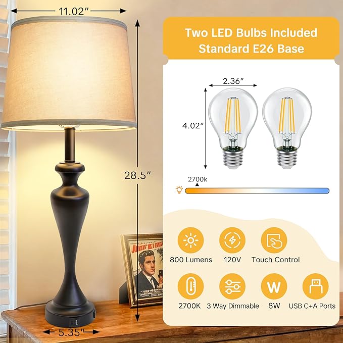 28.5" Tall Touch Table Lamp Set of 2, Bedside Lamps with USB C+A & AC Port, 3 Way Dimmable Lamps for Night Stands, 2700K Black Farmhouse Bedroom Lamp for Living Room End Tables Office Desk