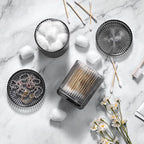 2 Pack Qtip Holder - Apothecary Jars with Lids, Bathroom Organizers and Storage Canister for Cotton Balls,Swabs,Floss Picks,Hair Ties,Clear Glass Vintage Bathroom Decor Jar Set (Gray)