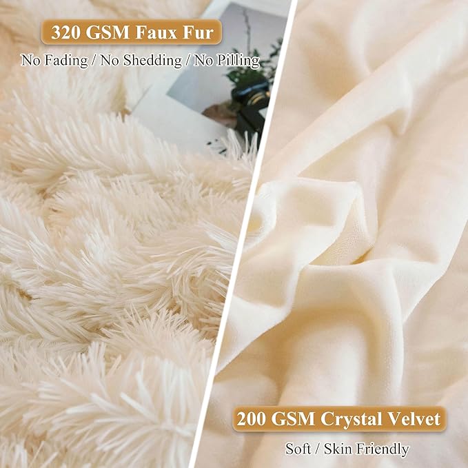 XeGe Faux Fur Throw Pillow Cases, Plush Shaggy Ultra Soft Pillow Covers, Fluffy Crystal Velvet Decorative Pillowcases, Furry Fuzzy Pillow Shams Zipper Closure, Set of 2 (King, Light Beige)