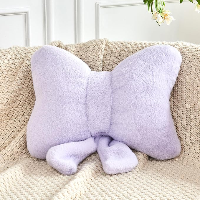 Lavender Bow Pillow, Soft Bow Decorative Pillows with Faux Rabbit Fur, Cute 12" Bow Throw Pillows, Aesthetic Home Decor Bow Shaped Plush Pillow for Bedroom Sofa Couch