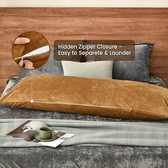 PHF Super Soft Velvet Zippered Body Pillowcase, No Insert, 1 Pack Luxury Cozy Warm Pillow Sham Cover with Zipper, 20"X 54" Long Cozy Fuzzy Flannel Pillow Case, Brownish Camel