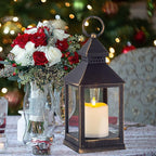 Vintage Golden Brushed Black Lantern Decorative LED Flickering Flameless Candle with Timer, Battery Powered LED Decorative Hanging Lanterns for Indoor Outdoor Garden Yard Home Decor(4 Pack)