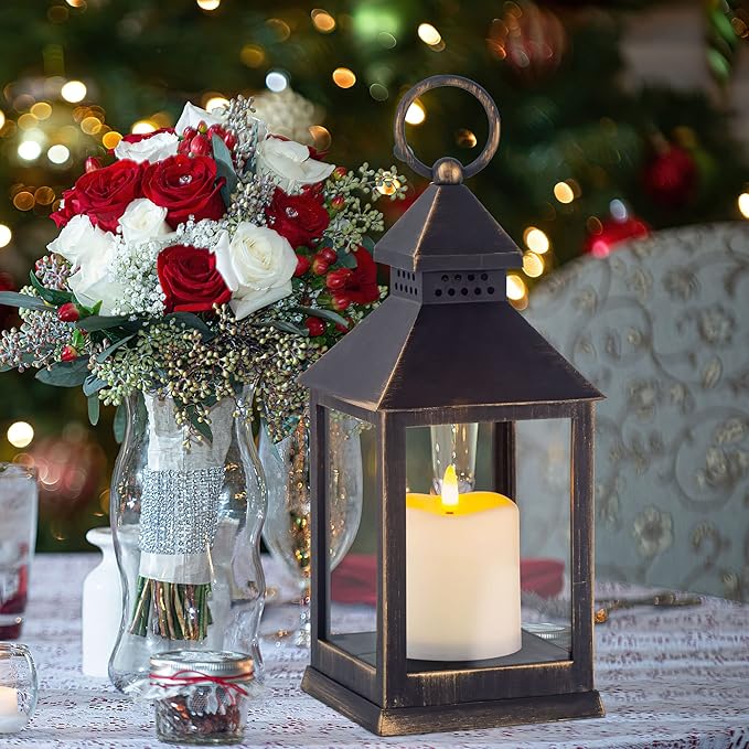 Vintage Golden Brushed Black Lantern Decorative LED Flickering Flameless Candle with Timer, Battery Powered LED Decorative Hanging Lanterns for Indoor Outdoor Garden Yard Home Decor(1 Pack)