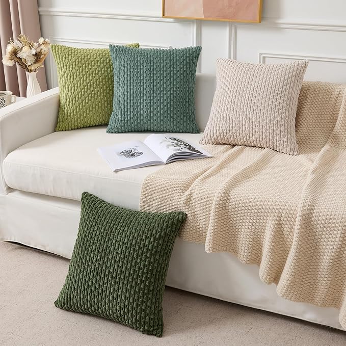 Kevin Textile Decorative Pillow Covers Set of 2 Striped Plush Corduroy Pillows Pillowcases Boho Home Decor Cushion Covers for Couch Sofa Bed Living Room 20x20 Inch, Grass Green