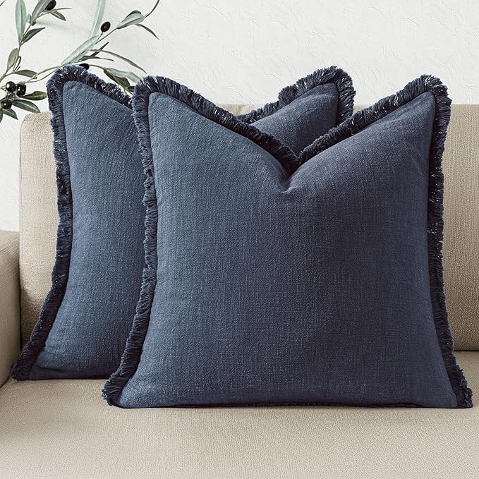 Woaboy Decorative Linen Fringe Throw Pillow Covers Boho Farmhouse Soft Cushion Covers Accent Pillowcases with Tassels for Living Room Couch Sofa Bed Chair,22x22 Inch Set of 2,Blue