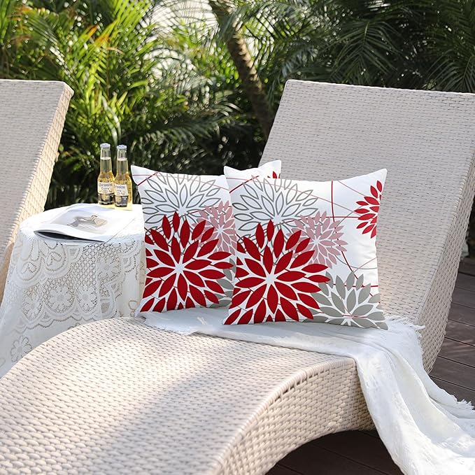 Red and Pink Grey Floral Pillow Covers 18x18 Set of 2 Outdoor Waterproof Decorative Throw Pillows Valentines Pillow Covers Polyester Cushion Case Decor for Couch Patio Funiture Garden Porch 01X18