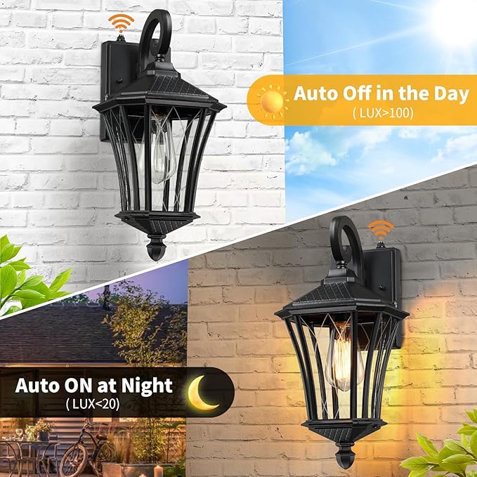 YSN 2 Pack Dusk to Dawn Outdoor Light Fixture Wall Mount Porch Lights Weather Resistant Exterior Sconce Light, Waterproof Wall Lantern for Porch, Garage, Backyard, Walkway, E26 Socket, Black