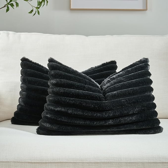 FUTEI Black Striped Decorative Throw Pillow Covers 12x20 Inch Set of 2,Rectangle Winter Decorations Couch Lumbar Pillowcase,Soft Cozy Faux Rabbit Fur & Velvet Back,Modern Home Decor for Bed