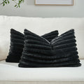 FUTEI Black Striped Decorative Throw Pillow Covers 12x20 Inch Set of 2,Rectangle Winter Decorations Couch Lumbar Pillowcase,Soft Cozy Faux Rabbit Fur & Velvet Back,Modern Home Decor for Bed
