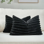 FUTEI Black Striped Decorative Throw Pillow Covers 12x20 Inch Set of 2,Rectangle Winter Decorations Couch Lumbar Pillowcase,Soft Cozy Faux Rabbit Fur & Velvet Back,Modern Home Decor for Bed