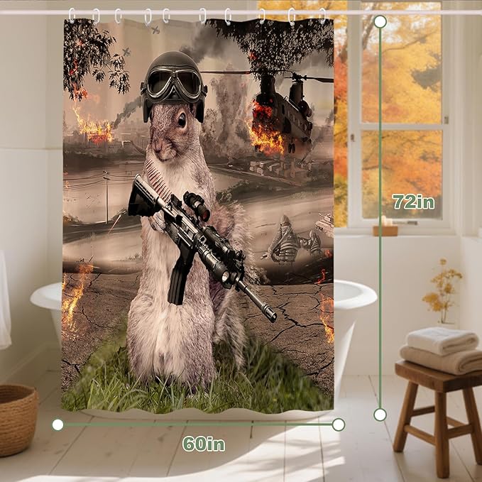 Funny Squirrel Warrior Shower Curtain Helicopter Animal Bathroom Set with 12 Hooks 72Hx60W inch Polyester Machine Washable Waterproof Brown Black and Green