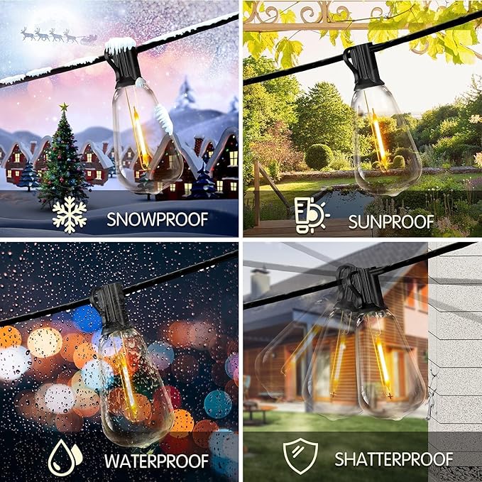DAYBETTER 120FT Outdoor String Lights Waterproof 60 pcs Warm White LED Bulbs 2700K for Patio, Yard, Garden & Holiday Decor Durable Weatherproof Lights for Parties, Weddings, Backyard Lighting
