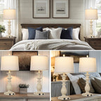28" Farmhouse Table Lamps Set of 2 for Living Room, 3 Way Dimmable Bedside Lamp with USB C+A Ports & AC Outlet, Resin Vintage Tall Nightstand Lamps for Bedroom Office Hallway, Beige