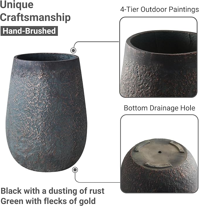 20" H Weathered Concrete Tall Planter, Black Large Outdoor Indoor Decorative Flower Pot with Drainage Hole, Modern Round Style for Home, Garden, Patio, Courtyard, Bronze Rust with Green Tone