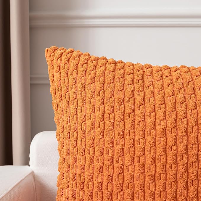 Kevin Textile Fall Pack of 2 Corduroy Decorative Throw Pillow Covers 22x22 Inch Soft Boho Striped Pillow Covers Modern Farmhouse Home Decor for Spring Sofa Living Room Couch Bed Orange