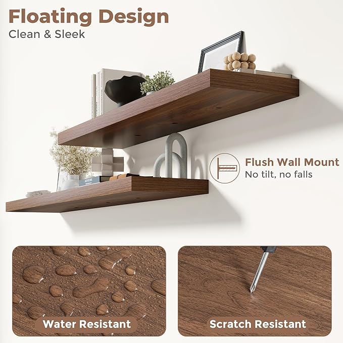 Floating Shelves for Wall with Invisible Brackets, Wall Mounted Engineered Wood Shelves with Wood Grain for Living Room, Bedroom, Bathroom, Kitchen Decor and Storage, Oak, 71"L Set of 2, Walnut