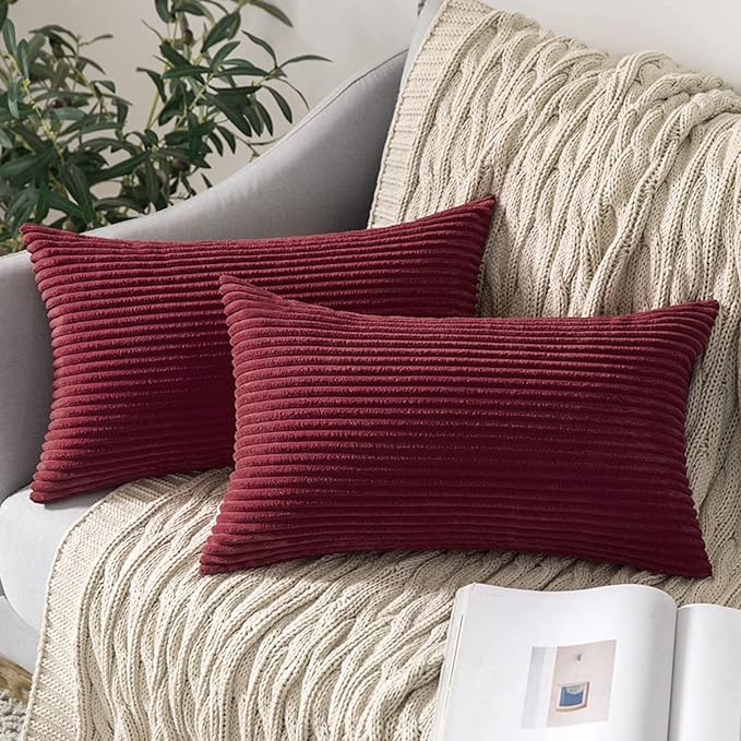 MIULEE Winter Pack of 2 Corduroy Pillow Covers 12 x 20 Inch Lumbar Christmas Throw Pillow Covers Burgundy Pillowcases for Sofa Bedroom Couch