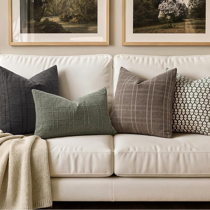 MIULEE Decorative Linen Check Euro Shams Throw Pillow Covers Neutral Farmhouse Vintage Pillow Covers 24x24 Set of 2 Boho Modern Winter Home Decor for Sofa Couch Bedroom Cushion Brown