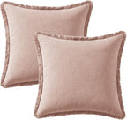 Woaboy Decorative Linen Fringe Throw Pillow Covers Boho Farmhouse Soft Cushion Covers Accent Pillowcases with Tassels for Living Room Couch Sofa Bed Chair,20x20 Inch Set of 2,Light Pink