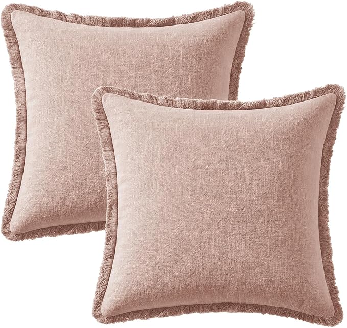 Woaboy Decorative Linen Fringe Throw Pillow Covers Boho Farmhouse Soft Cushion Covers Accent Pillowcases with Tassels for Living Room Couch Sofa Bed Chair,18x18 Inch Set of 2,Light Pink