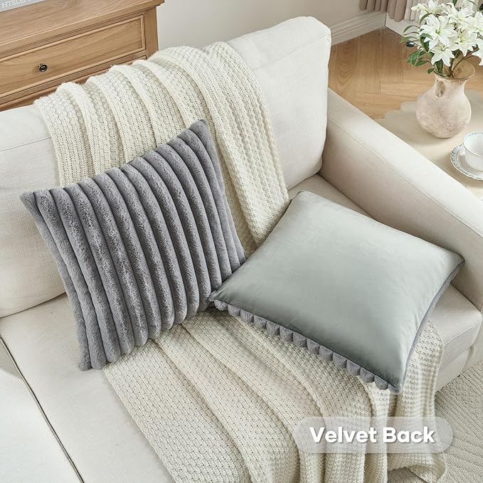 FUTEI Grey Striped Decorative Throw Pillow Covers 12x20 Inch Set of 2,Rectangle Winter Decorations Couch Lumbar Pillowcase,Soft Cozy Faux Rabbit Fur & Velvet Back,Modern Home Decor for Bed