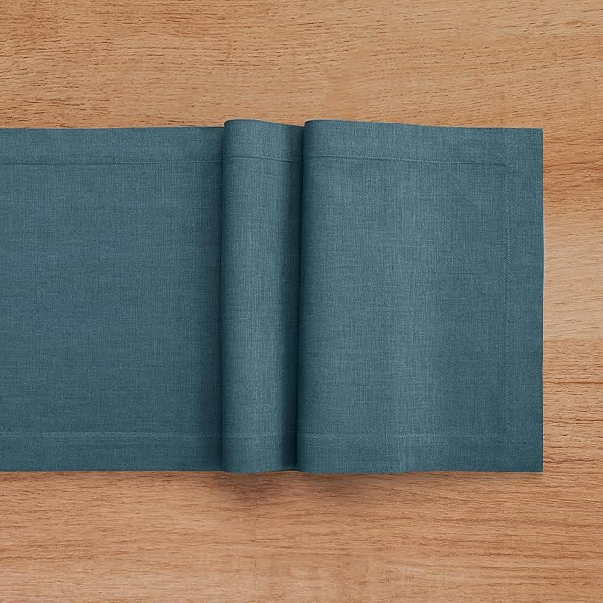 Solino Home Linen Table Runner 60 Inches - 100% Pure Linen Peacock Blue Table Runner 14 x 60 Inch Ideal for Dresser and Coffee Tables - Fete