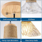 Pendant Light with Clear Striped Glass Lampshade, Boho Hemp Rope Woven Vintage Chandelier, Adjustable Height Hanging Island Light for Dining Room Living Room Hallway