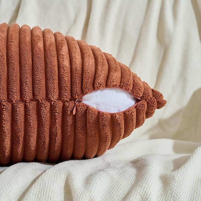 Fancy Homi Set of 2 Rust Boho Decorative Throw Pillow Covers 16x16 Inch for Couch Bed Sofa, Aesthetic Modern Organic Room Decor, Soft Fuzzy Striped Corduroy Cute Terracotta Textured Cushion Case 40cm