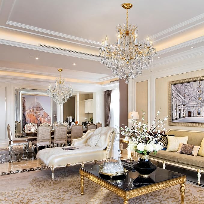 Modern Crystal Chandeliers, Gold Candle Chandelier -Luxury Chandelier Lighting Fixtures for Dining Room, Foyer, Staircase Hallway Living Room Entryway, 12 Lights