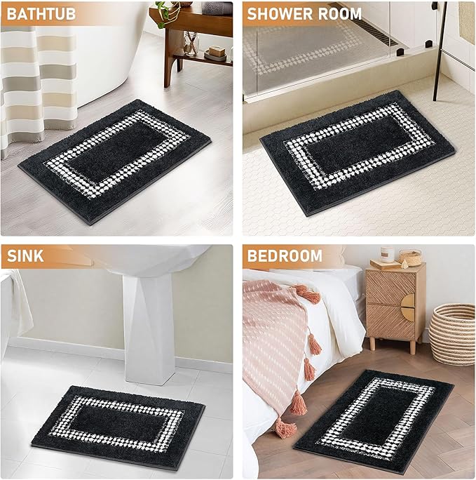 Black Bathroom Rugs 18x24, Non Slip Washable Bath Mats,Super Soft Microfiber Bathroom Mats, Plush Fluffy Absorbent Bath Rugs for Sink Tub Basin Shower Floor