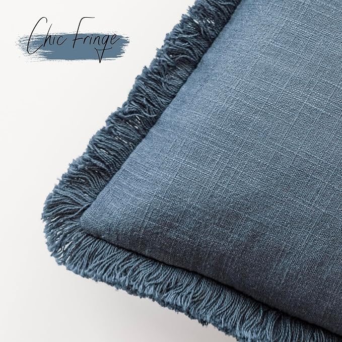 Foindtower Set of 2 Decorative Linen Fringe Throw Pillow Covers Cozy Boho Farmhouse Cushion Cover with Tassels Accent Pillowcase for Couch Sofa Bed Living Room Home Decor,26×26 Inch,Dark Blue