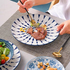 Bestone Porcelain Dinnerware Sets Service for 4, 12 pcs Hand drawn Plates and Bowls Sets, Handmade Ceramic Dish Set, Chip Resistant Modern Plate Set, Dishwasher/Microwave Safe，Vintage Blue