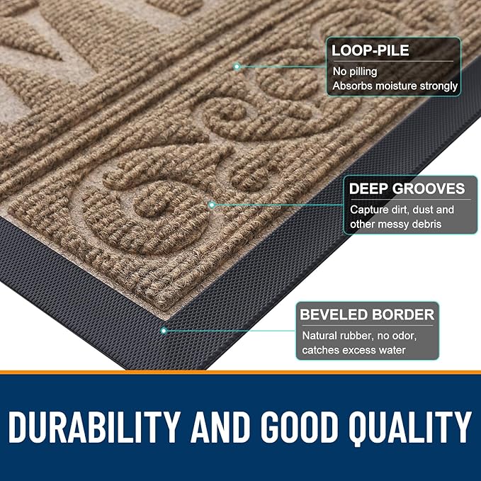 OLANLY Welcome Door Mat Indoor Outdoor Entrance, Heavy Duty Sturdy Front Door Mat, Waterproof All-Weather Doormat, Stain Resistant, Low Profile, Easy Clean Patio Entryway Mat, 29.5 x 17, Light Brown