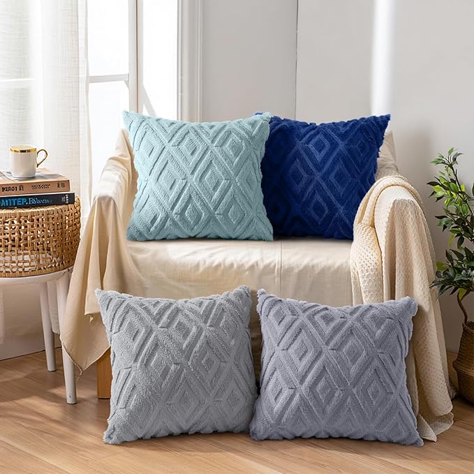 decorUhome Set of 4 Faux Fur Throw Pillow Covers 18x18, Soft Decorative Couch Pillow Covers with Velvet Back for Modern Sofa Living Room, Grey/Blue