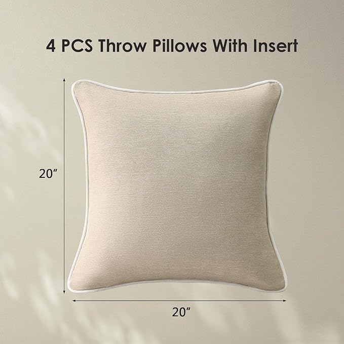 Decorative Outdoor Water Repellent Throw Pillows with Inserts, Set of 4, 20" x20" Pillows for Patio, Backyard, Bed, Couch, and Patio Furniture, Tan