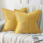 HAUSSY Mustard Yellow Throw Pillow Covers 14x14 Inch Set of 2,Soft Solid Corduroy Striped/Wide Bordered,Square Decorative Cushion Case,Winter Home Decorations for Couch,Bed