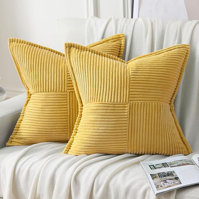 HAUSSY Mustard Yellow Throw Pillow Covers 14x14 Inch Set of 2,Soft Solid Corduroy Striped/Wide Bordered,Square Decorative Cushion Case,Winter Home Decorations for Couch,Bed