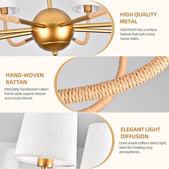 39" Gold Boho Fabric Chandelier for Living Room 8-Light Large Coastal Boho Pendant Light Fixture Bedroom Adjustable Rustic Farmhouse Chandeliers for Dining Room Kitchen Island Foyer