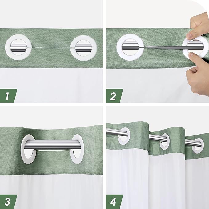 No Hooks Linen Textured Shower Curtain with Snap-in Fabric Liner Set, Hotel Shower Curtain Set for Bathroom with See Through Top Window, Waterproof & Washable, 72Wx74H, Green