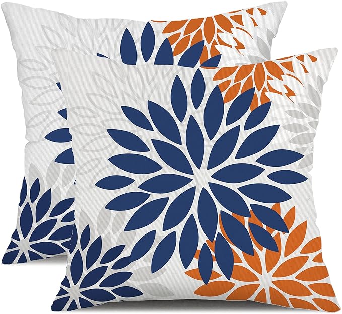 DFXSZ Blue Orange Outdoor Flower Pillow Covers 18x18 Inch Set of 2 White Colored Throw Pillows Outdoor Waterproof Decor for Living Room Sofa Patio Funiture Garden Floral Polyester pillow covers 002C18