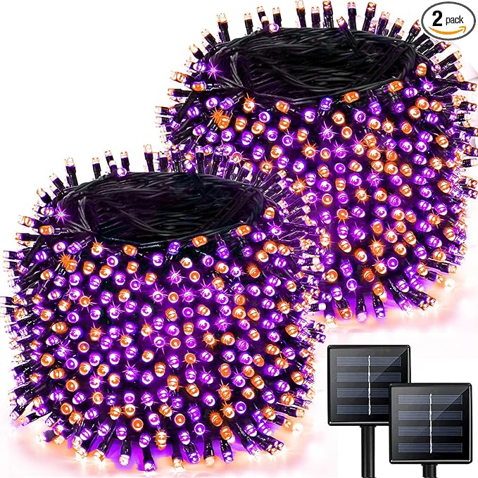 2 Pack Solar Halloween Lights Outdoor, 170 FT 480 LED Solar String Twinkle Light for Outside with 8 Modes & Memory Function, Waterproof Light for Tree Yard Horror Party Decorations (Orange & Purple)