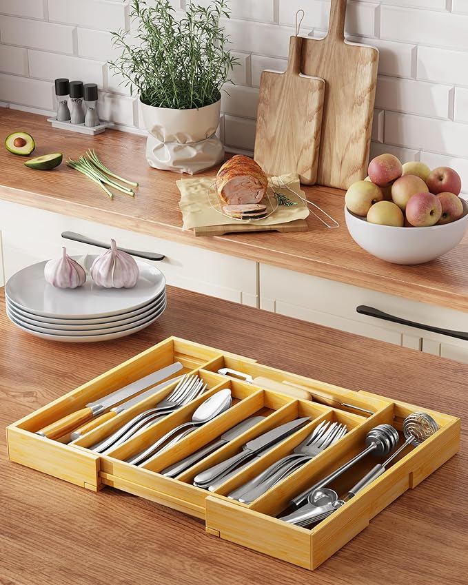 Kitsure Large Bamboo Silverware Organizer - Expandable Drawer Organizer for Utensil, Cutlery and Flatware, Kitchen Storage Solution with 6 to 8 Slots, Natural, 18.7" × 12.8" × 1.8"