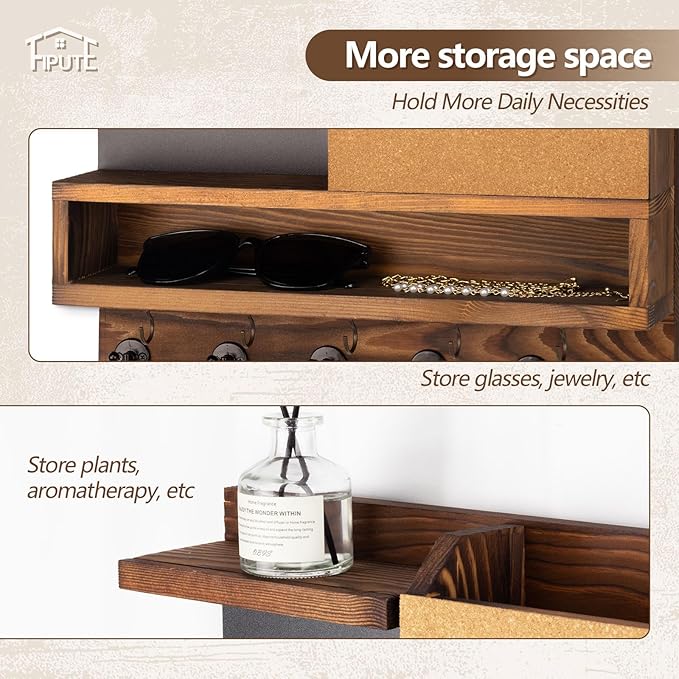 Key Holder for Wall Mount with Mail Organizer, Farmhouse Key Holder for Wall with Shelf, Chalkboard&Corkboard, Entryway Organizer 11 Metal Hooks, Decorative Natural Pine Wood, 14.6*11.1*3.3”, B-Brown